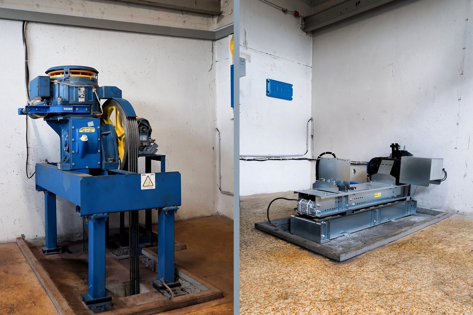 Aufzugsmodernisierung zwecks Stromersparnis und Ausfallminimierung. Links der alte Aufzugsantrieb, rechts die neue leichtere und platzsparende Technik.